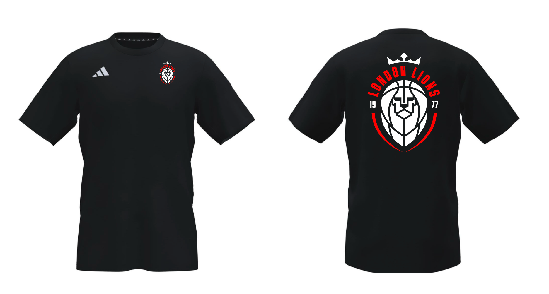 Black t-shirt with Adidas logo on the front and lion emblem on the back, displayed from front and back views.