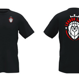 Black t-shirt with Adidas logo on the front and lion emblem on the back, displayed from front and back views.