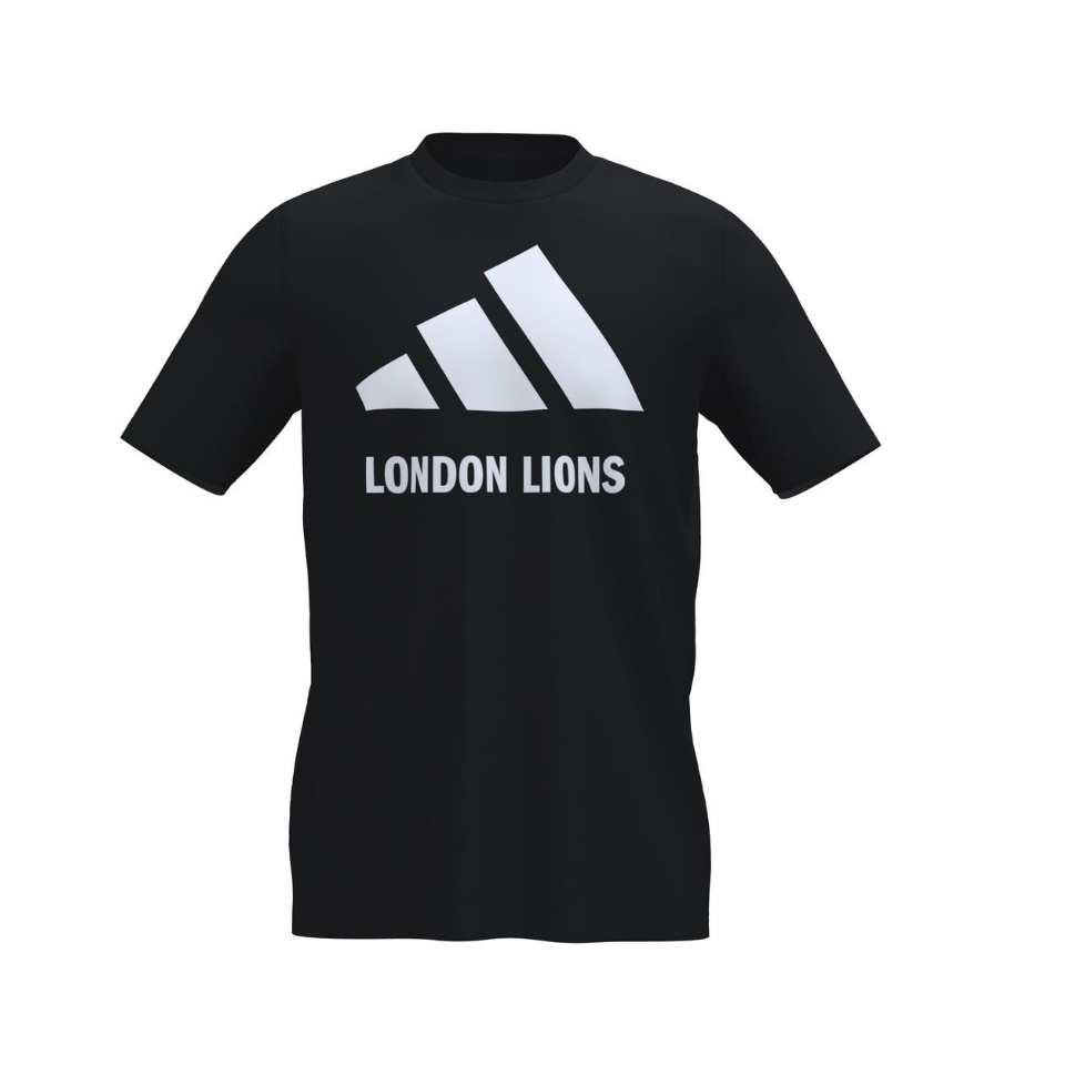 Black t-shirt with Adidas logo and 'London Lions' text on a white background